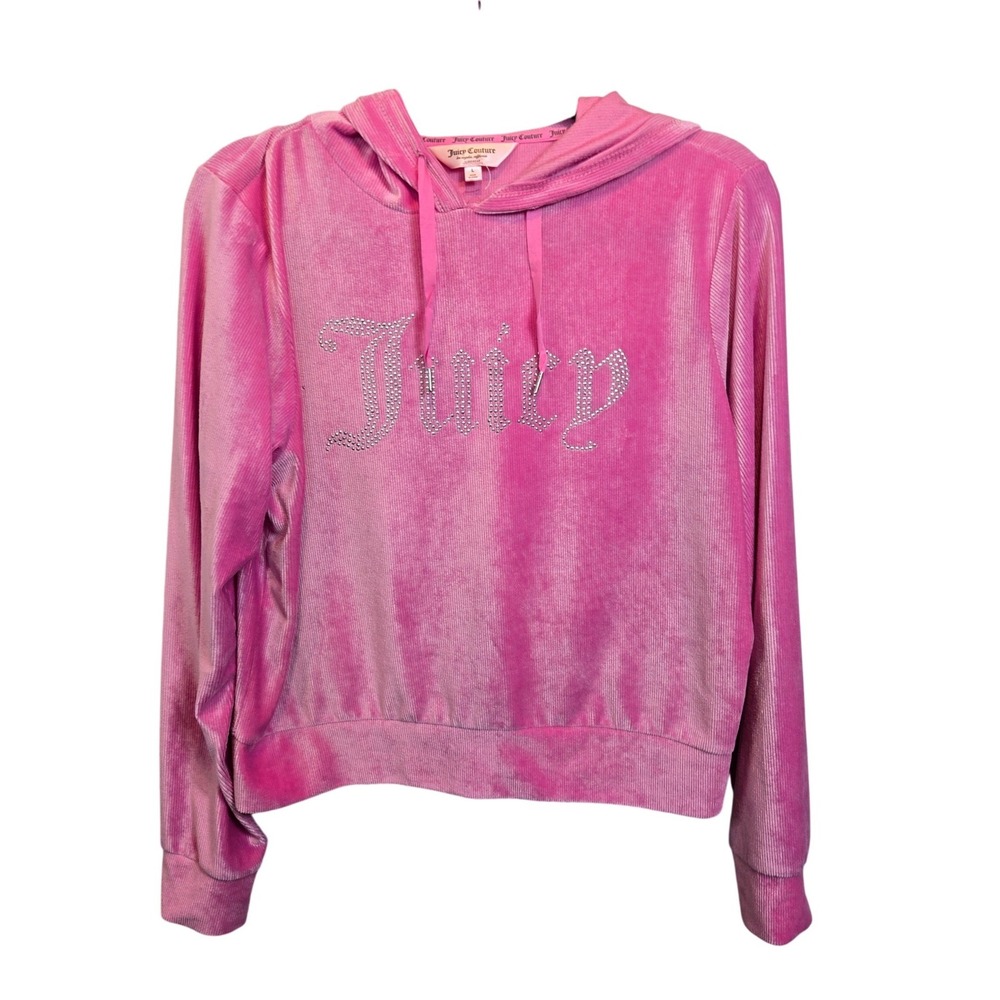 Juicy Couture‎ Hoodie Womens Large Pink Ribbed Velour Rhinestone Logo